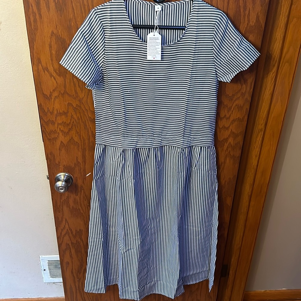 White and blue striped dress